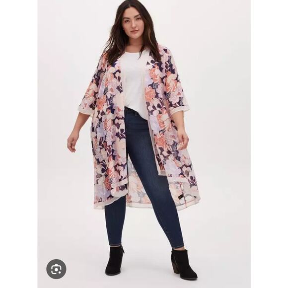 Torrid Duster Kimono Plus Size 1X Purple Floral High Low Open Front Chiffon - Picture 1 of 6